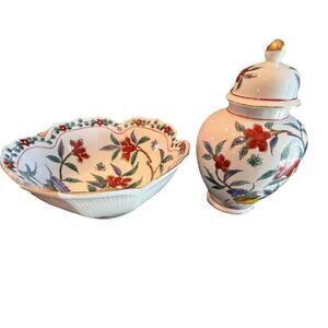 Vintage Andrea by Sadek Bowl and Vase with Lid, Matching Pair, Handpainted